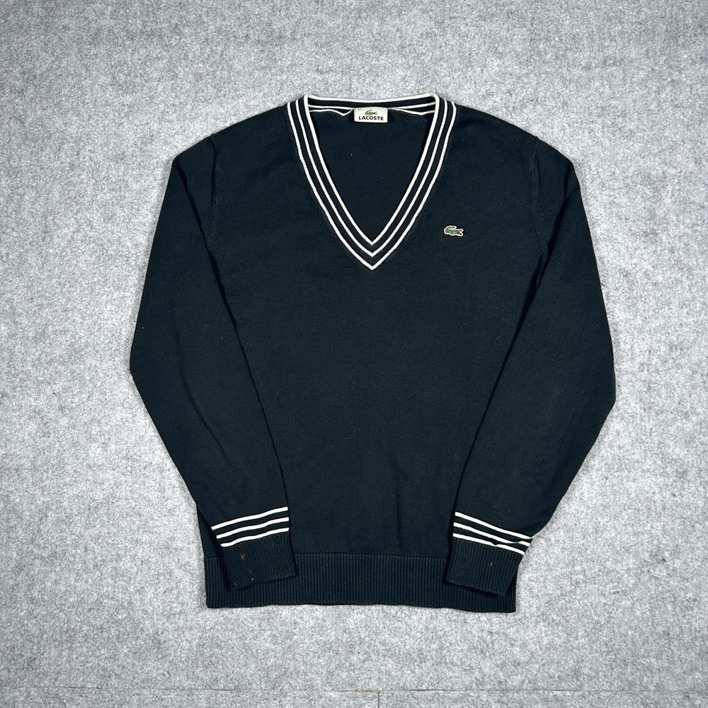 Lacoste Pullover‎ Sweater Women's Size 42 XL Black V Neck Cotton Cuffed Stripes